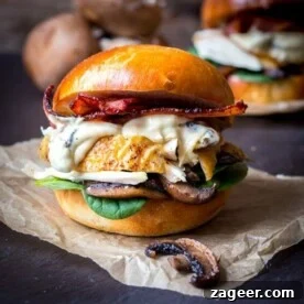Chicken, bacon, spinach and creamy mushrooms on a brioche bun
