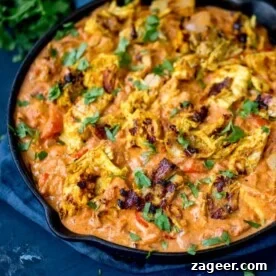 Leftover turkey tikka masala in a black skillet