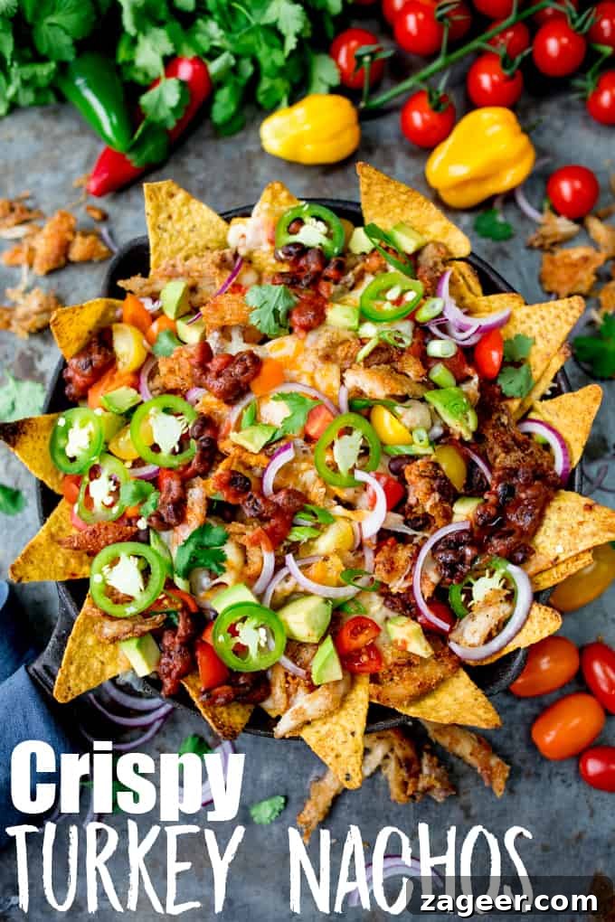 Crispy Turkey Nachos with Melted Cheese and Jalapeños 2 Crispy fajita-spiced turkey, beans and melted cheese on nachos