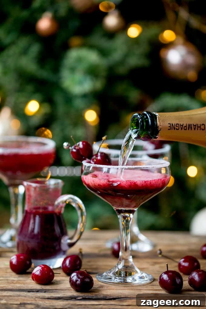 Black Cherry Bellini Recipe: Sparkling Cocktail with Cherry Puree 2 New Year's Eve Cocktail? Make the fruit puree ahead of time for this Black Cherry Bellini cocktail so you can serve up them up in super-quick time!