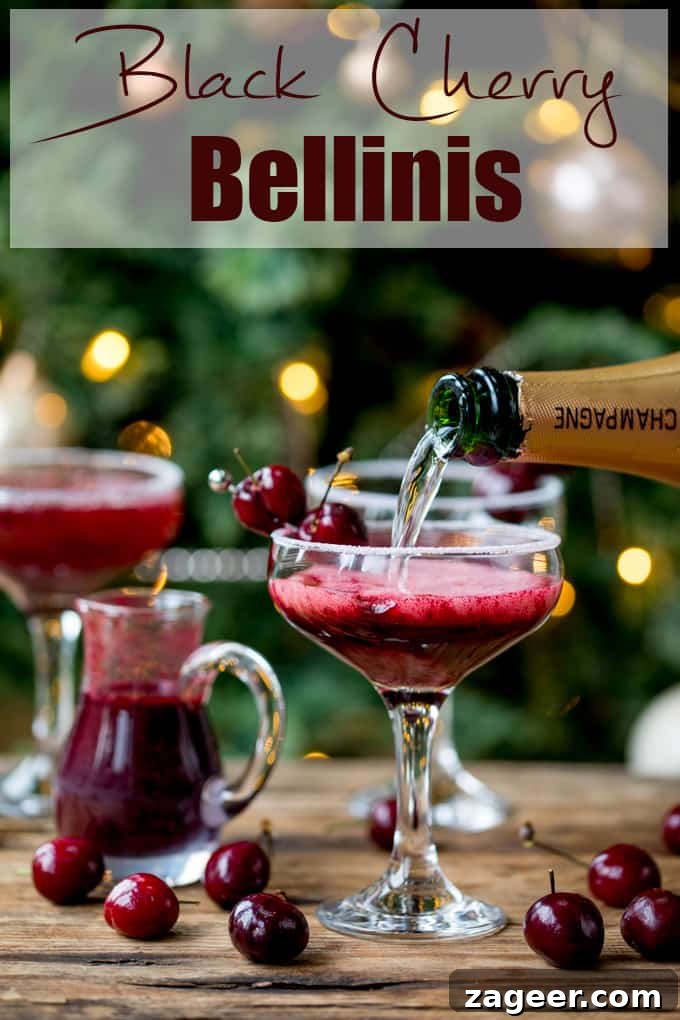 Black Cherry Bellini Recipe: Sparkling Cocktail with Cherry Puree 11 New Year's Eve Cocktail? Make the fruit puree ahead of time for this Black Cherry Bellini cocktail so you can serve up them up in super-quick time! #newyearseve #cocktail #blackcherry #bellini