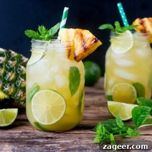 Black Cherry Bellini Recipe: Sparkling Cocktail with Cherry Puree 7 Pineapple Ginger Mojitos with Spiced Rum - a sweet and spicy twist on the classic mojito cocktail. Served with a wedge of caramelized pineapple.