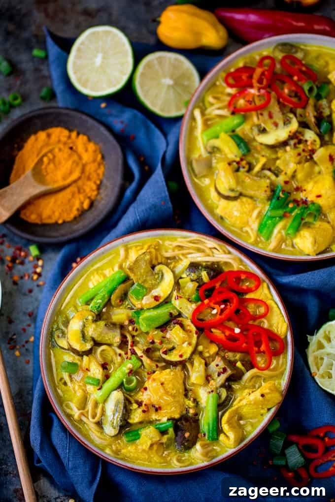 Turmeric Chicken Noodle Soup Recipe for Immunity Boost 2 overhead photo of 2 bowls of Chicken Noodle Soup with Turmeric on a dark background with spices and limes in the background