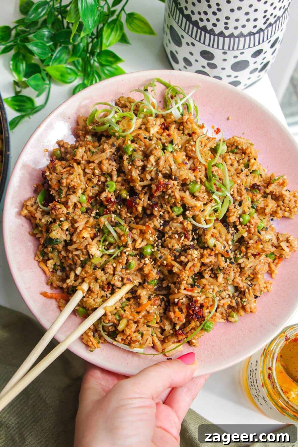 Dumpling-Style Fried Rice Recipe 2 Holding a plate of dumpling inspired fried rice.