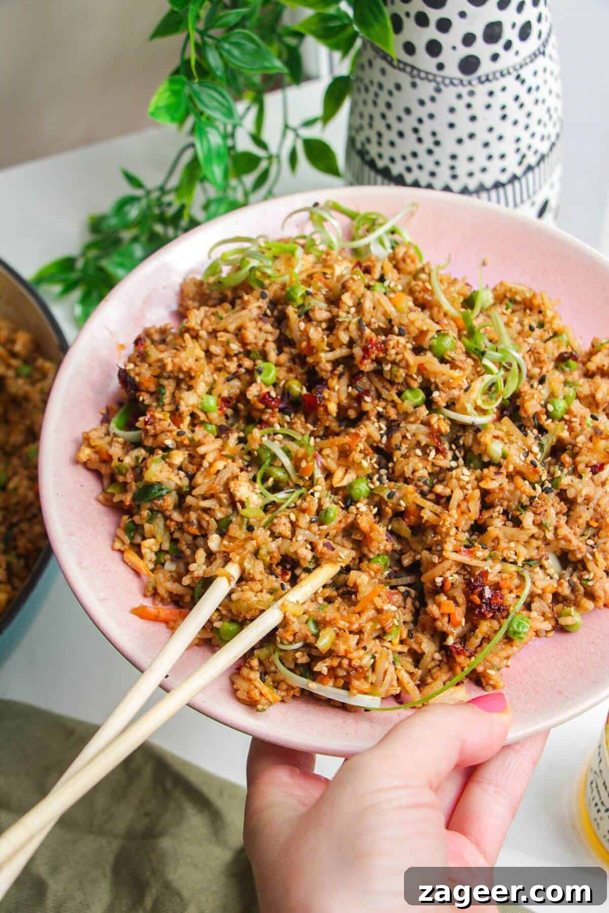 Dumpling-Style Fried Rice Recipe 5 Holding a plate of dumpling inspired fried rice.