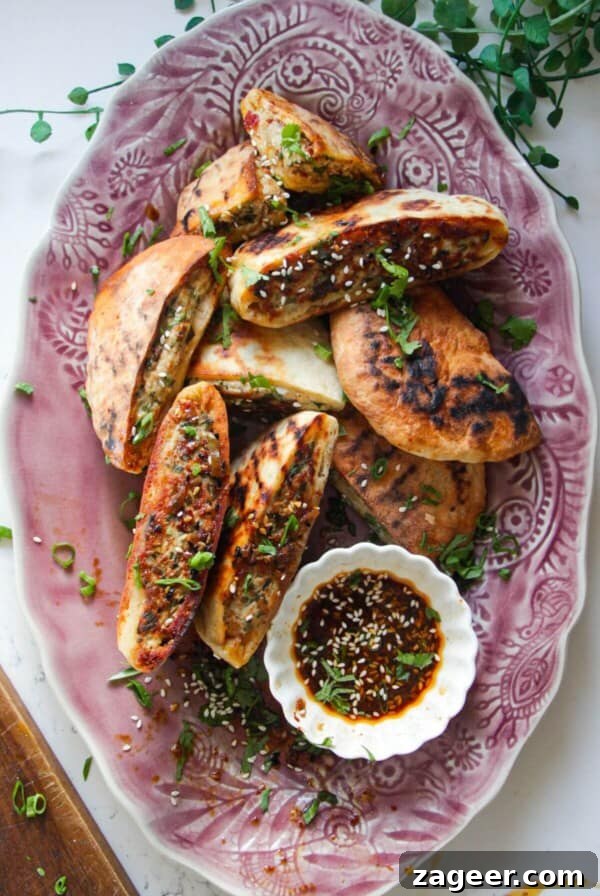 Dumpling-Style Fried Rice Recipe 9 Dumpling stuffed flatbreads on a pink plate with dipping sauce on the side.
