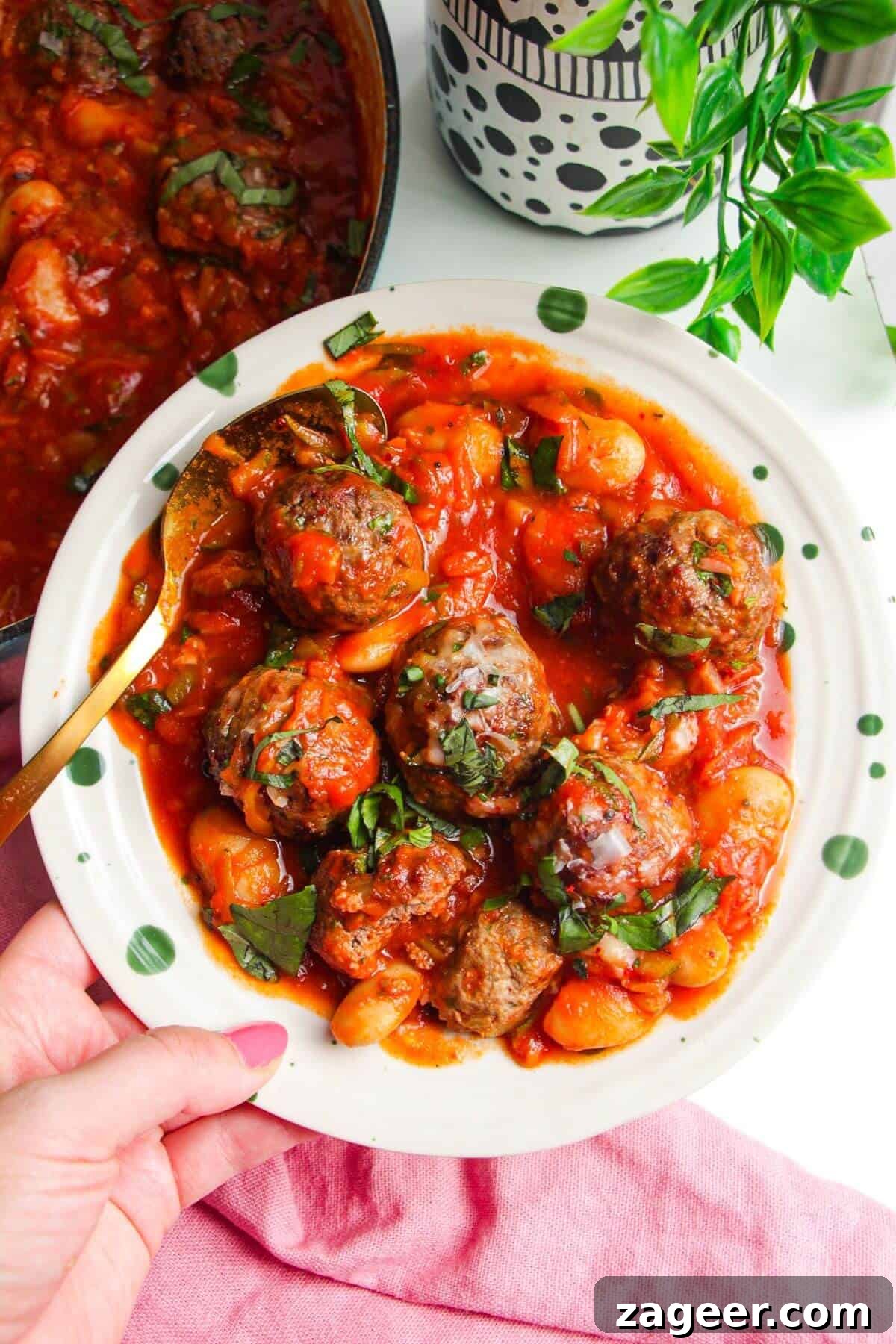 Holding plate with beef meatballs and butter beans in tomato sauce.