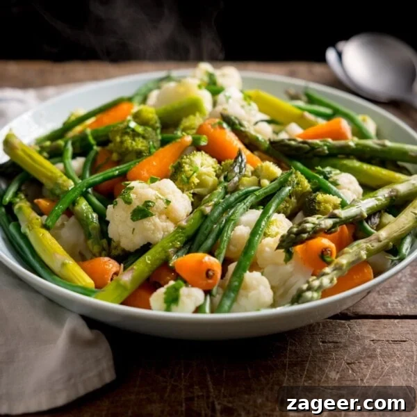 Pan Sautéed Cabbage with Garlic and Crispy Edges 11 A square side-on image of a large light blue serving bowl, filled with mixed steamed vegetables.