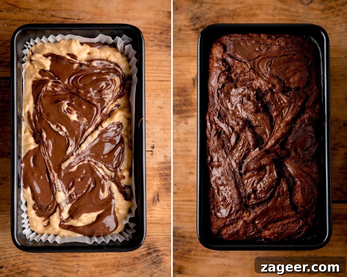 Collage of two side-by-side images, showing Nutella banana bread before and after baking.