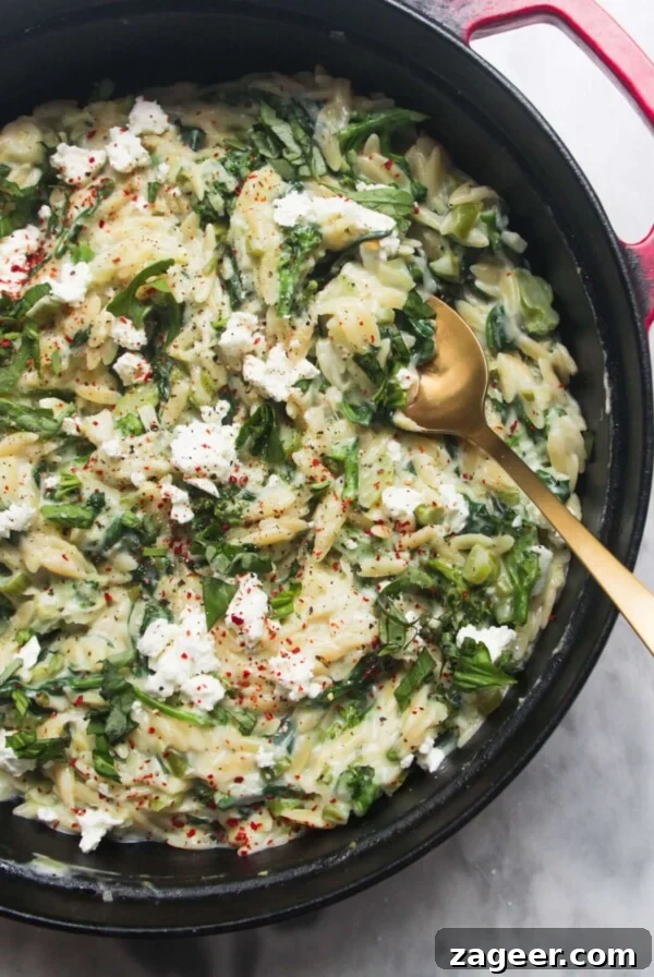 Creamy spinach and feta one pot orzo in a black and red pan on a grey marble background.