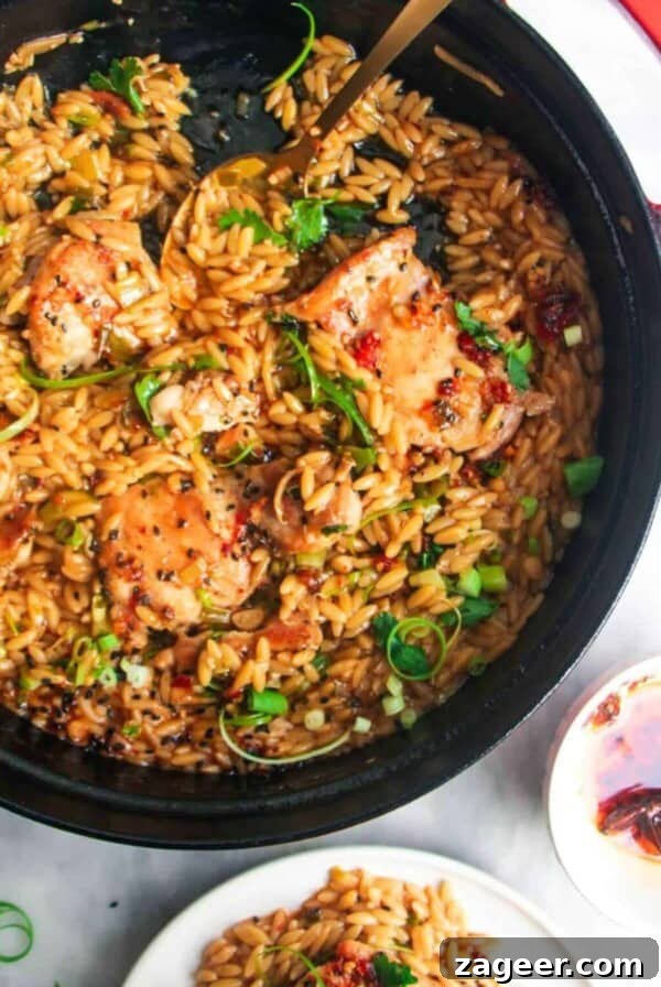 Ginger chicken orzo in a large black skillet.