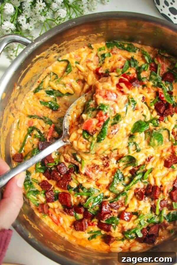 Creamy Marry Me orzo in a stainless steel pan with a silver spoon.