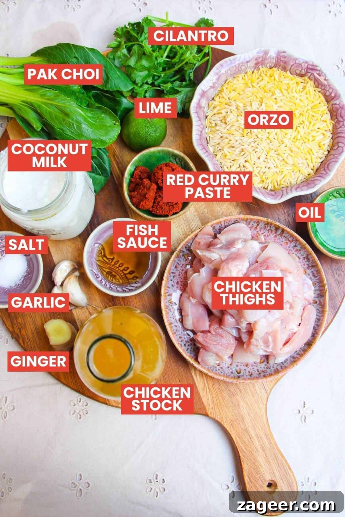 One-Pot Thai Red Curry Chicken Orzo for Weeknight Dinners 4 Red curry orzo ingredients laid out and labelled.