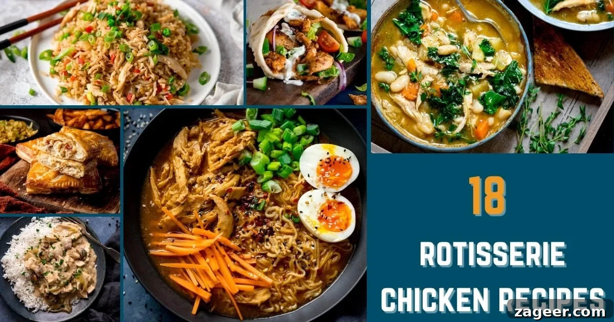 Quick Rotisserie Chicken Recipes for Weeknight Meals 2 Wide Collage image of six dishes that use rotisserie chicken, including chicken fried rice, chicken a la king, chicken and bacon hand pies, chicken ramen, Tuscan chicken soup and chicken gyros. Text box on the collage reads: 18 Rotisserie Chicken Recipes.